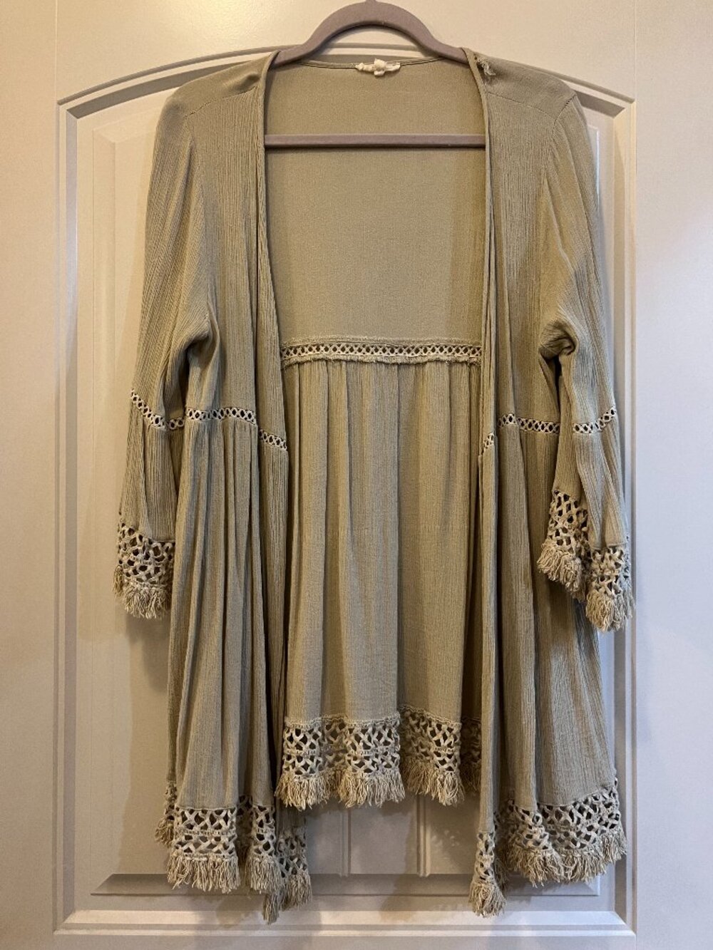 Easel - Boho Olive Green Long Sleeve Duster with Crochet Detail - M